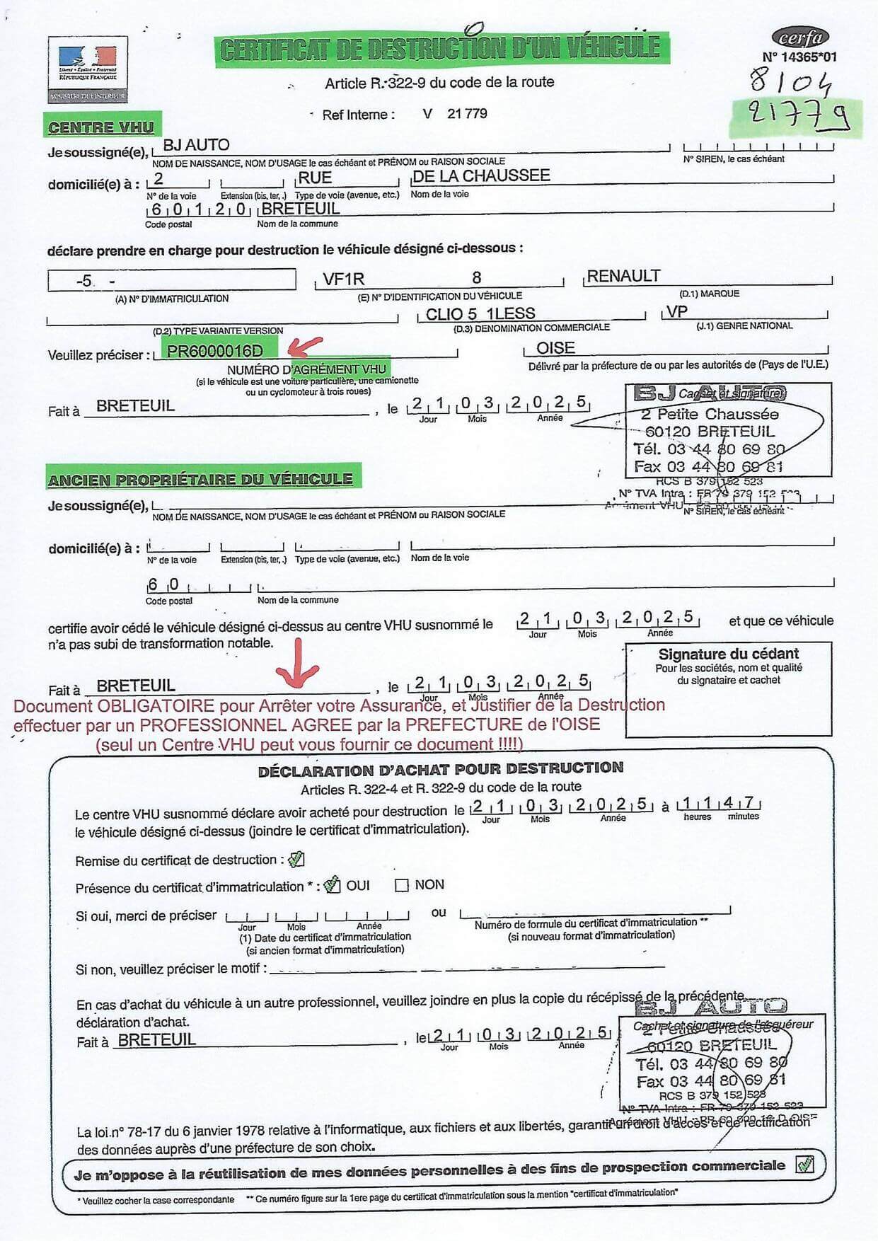 Certificat de destruction d'un véhicule