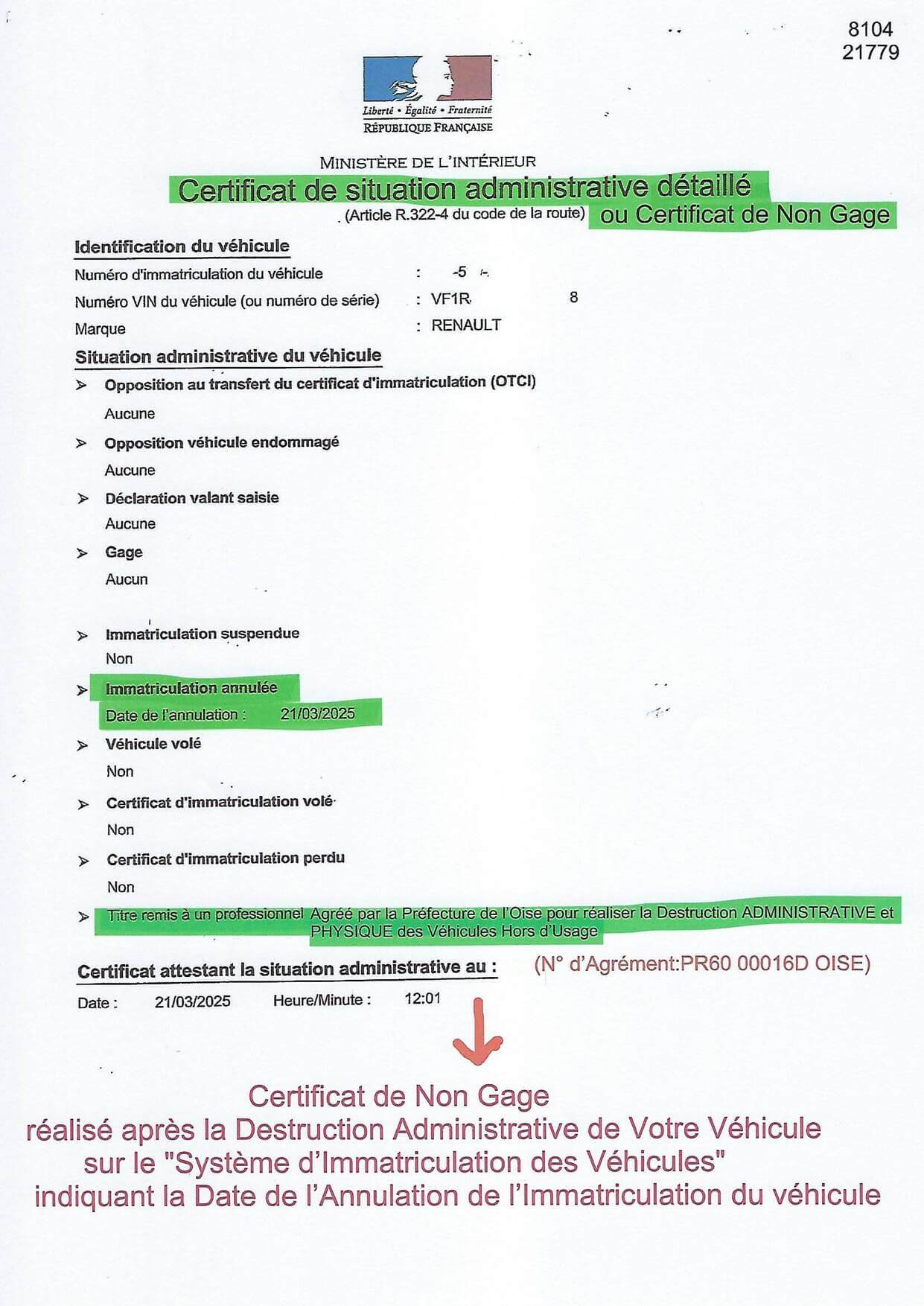 Certificat administrative détaillé